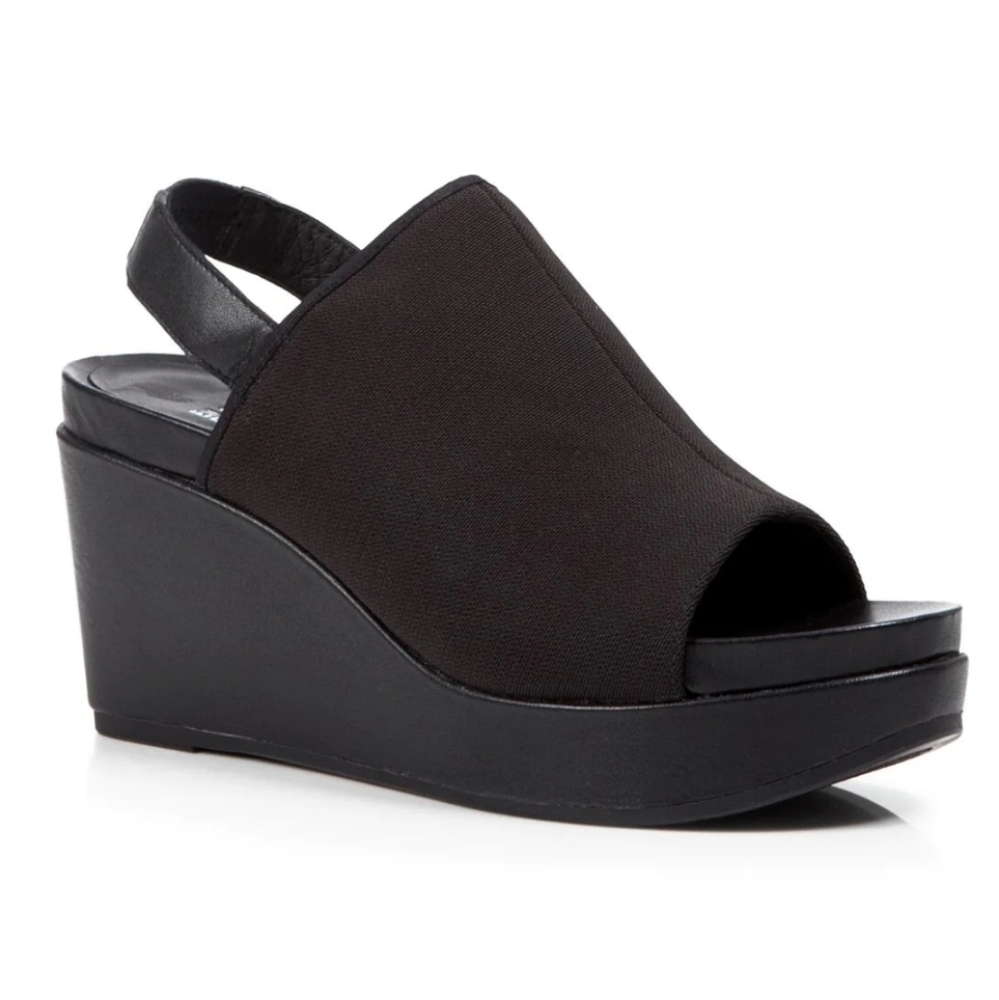 Eileen Fisher Black Platform Wedge Peep-Toe Slingback